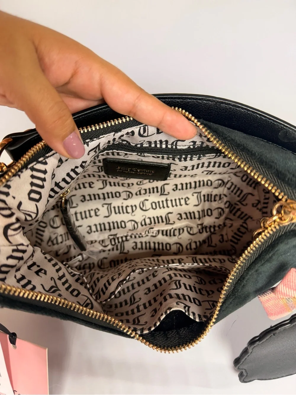 Juicy Couture Black Velour Shoulder Bag with Pink Bow Charm